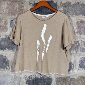 VTG K.D. Spring Womens Tan Grid Abstract Art Boxy Linen Blend Top Made in USA M